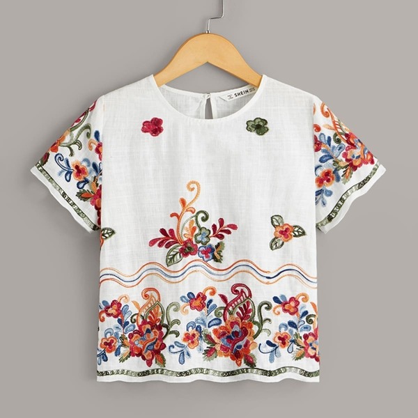 

Girls Embroidered Floral Keyhole Back Blouse, Multicolor