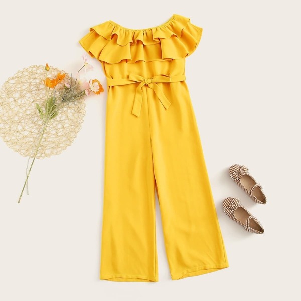 

Girls Off Shoulder Ruffle Overlay Belted Jumpsuit