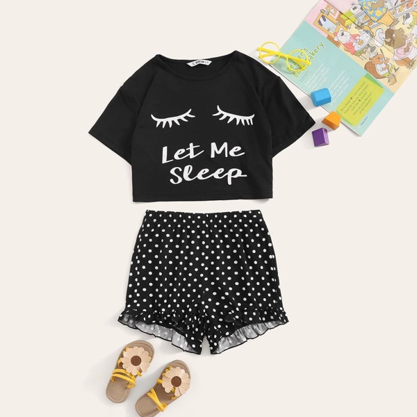 

Girls Slogan and Eye Top & Polka-dot Shorts PJ Set