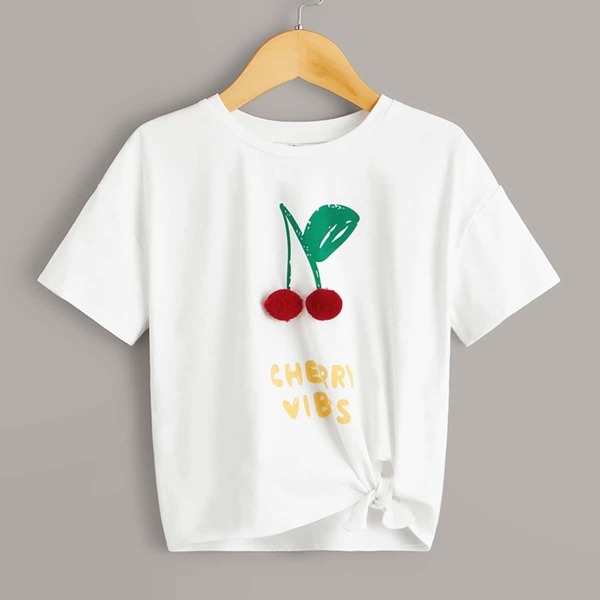 

Girls Knot Hem Pompom Patched Cherry and Slogan Top