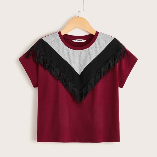 

Girls Fringe Trim Colorblock Top