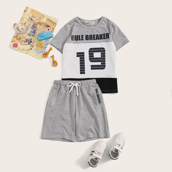 

Boys Colorblock Number and Slogan Top & Track Shorts Set, Grey
