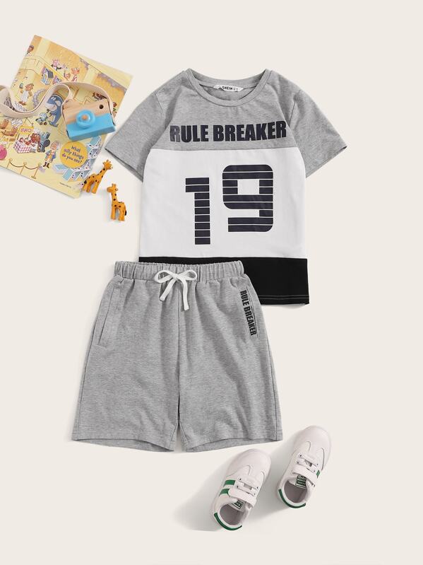 

Boys Colorblock Number and Slogan Top & Track Shorts Set, Grey