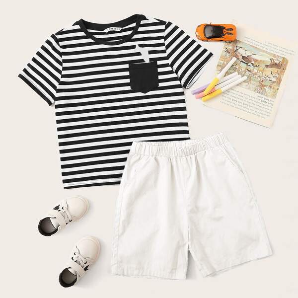 

Boys Print Pocket Patched Striped Tee & Shorts Set, Black and white