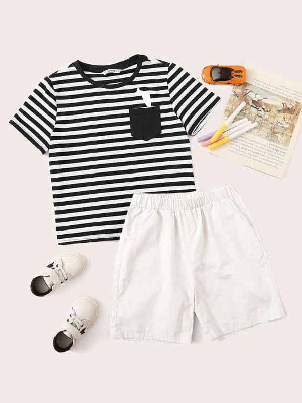 

Boys Print Pocket Patched Striped Tee & Shorts Set, Black and white