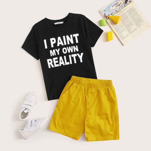 

Boys Slogan Print Tee and Slogan Pocket Shorts Set