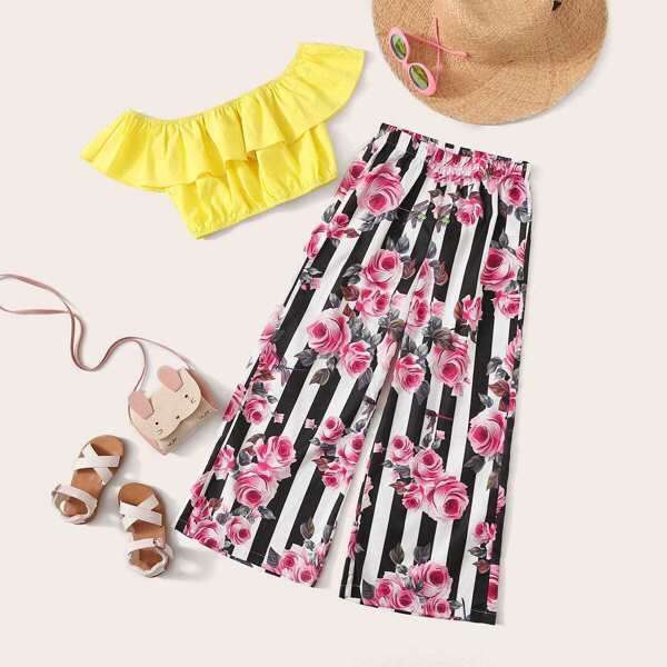 

Girls Ruffle Bardot Top and Floral Print Pants Set