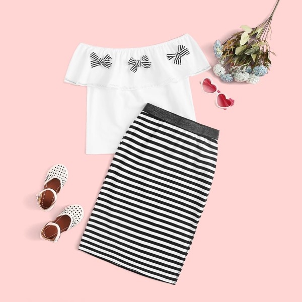 

Girls Bow Detail Foldover Top and Split Skirt Set, Black and white