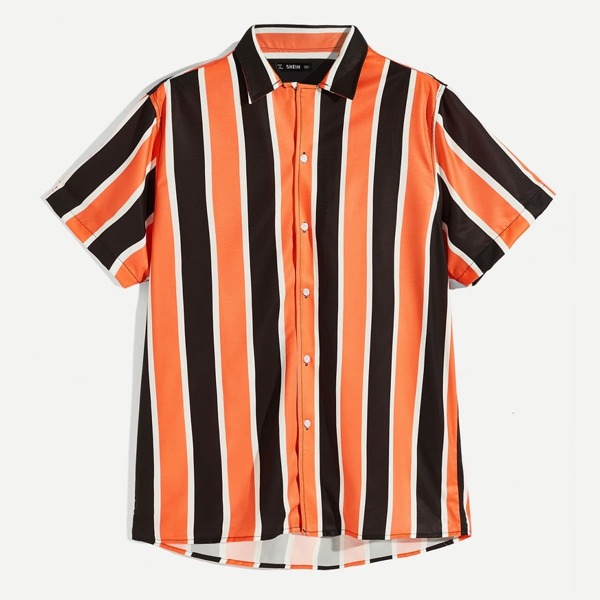 

Men Curved Hem Striped Shirt