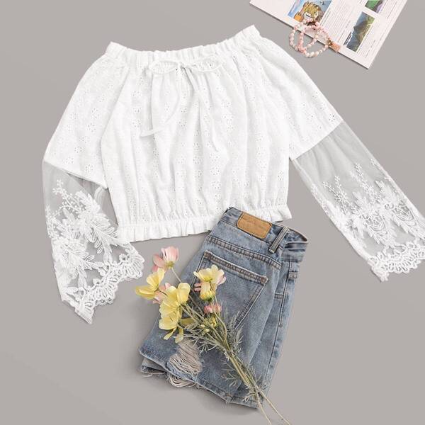 Off Shoulder Ruffle Trim Embroidery Mesh Insert Sleeve Schiffy Top, White