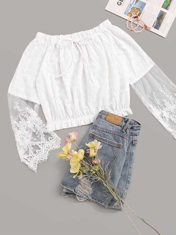 

Off Shoulder Ruffle Trim Embroidery Mesh Insert Sleeve Schiffy Top, White