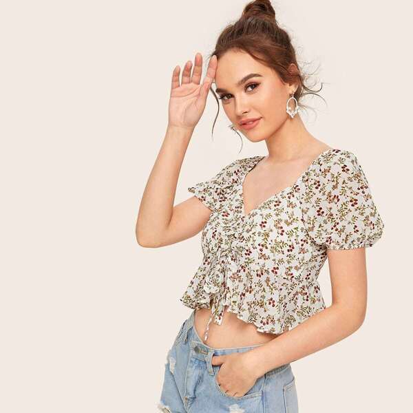 

Zip Back Drawstring Front Ditsy Floral Peplum Top