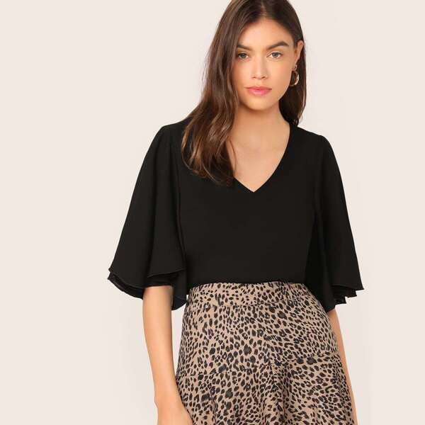

Solid V-Neck Flutter Sleeve Top, Black