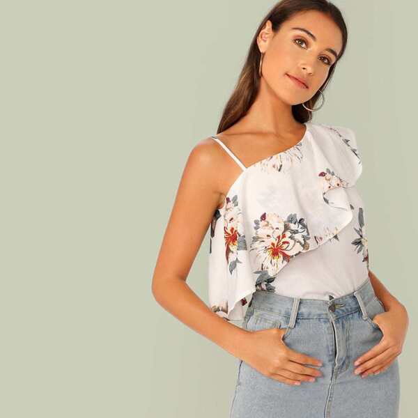 

Floral Print Ruffle Trim Top With Strappy