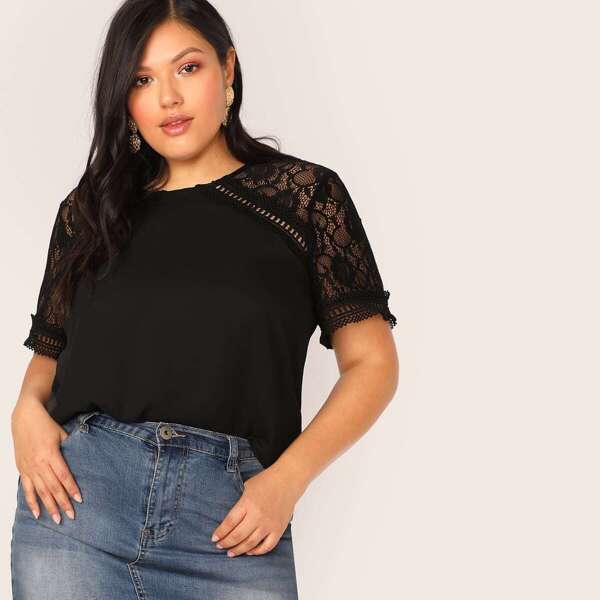 

Plus Lace Insert Raglan Sleeve Top, Black