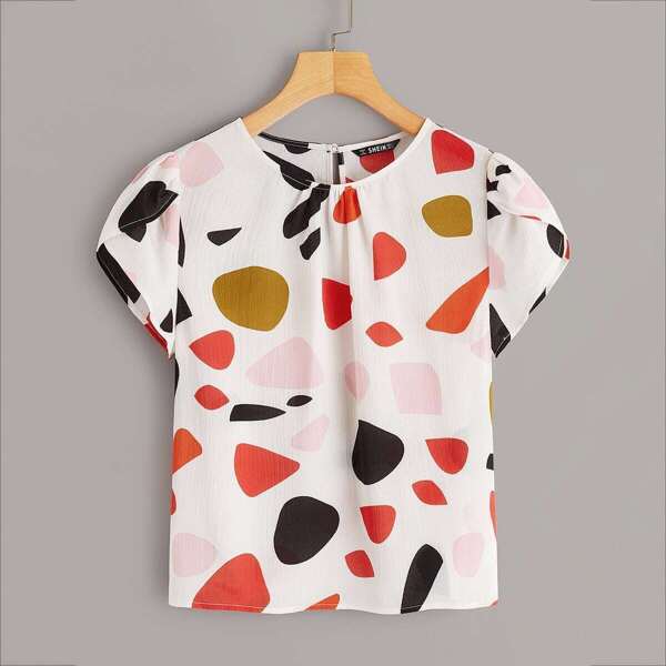 

Geo Print Petal Sleeve Keyhole Back Top