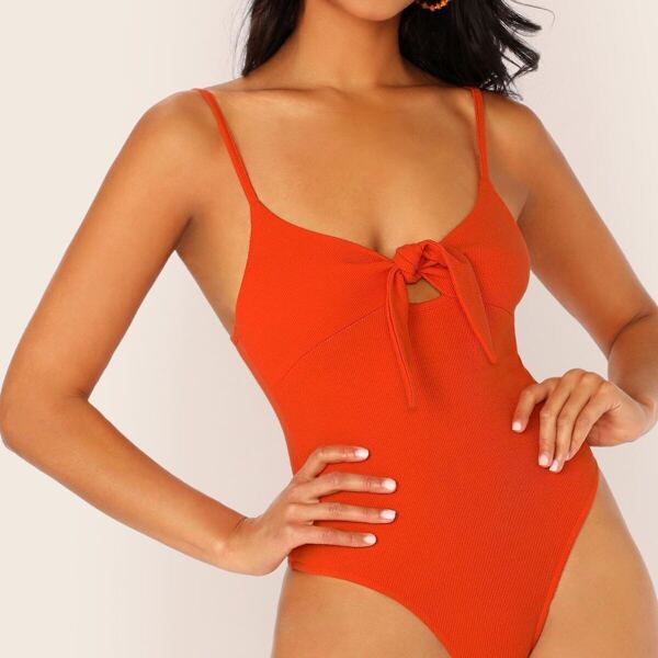 

Twist Front Rib Knit Sleeveless Bodysuit, Orange