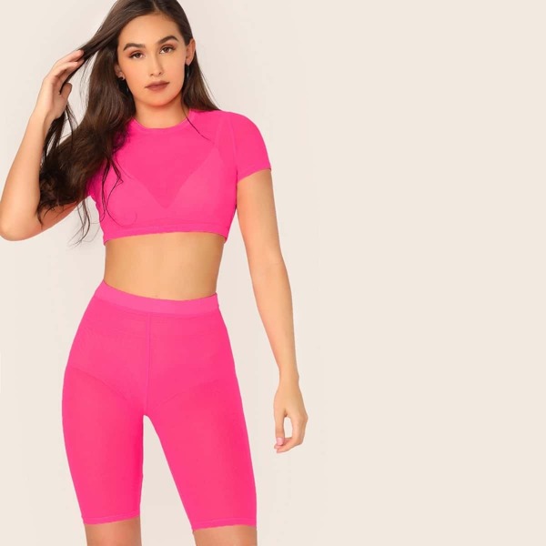 

Neon Pink Semi Sheer Crop Top & Cycling Shorts Set