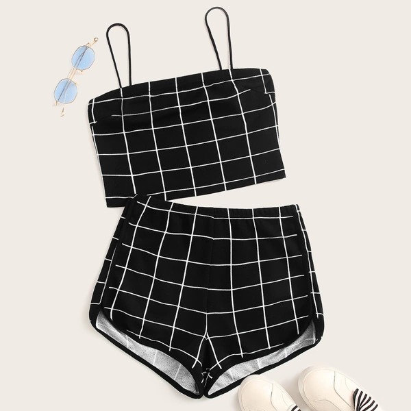 

Grid Print Cami Top and Runner Shorts Set