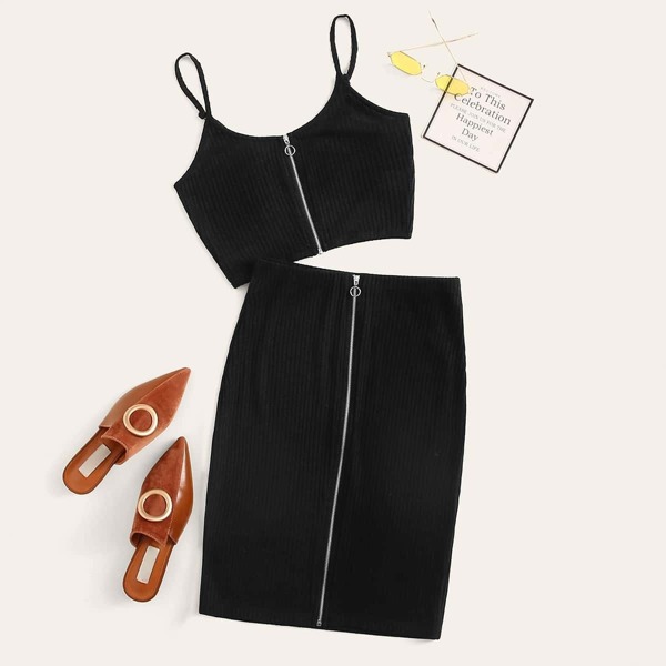 

Zip Up Rib-knit Cami Top & Pencil Skirt Set