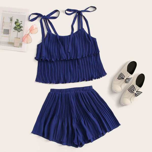 

Tie Strap Layered Pleated Top & Shorts Set
