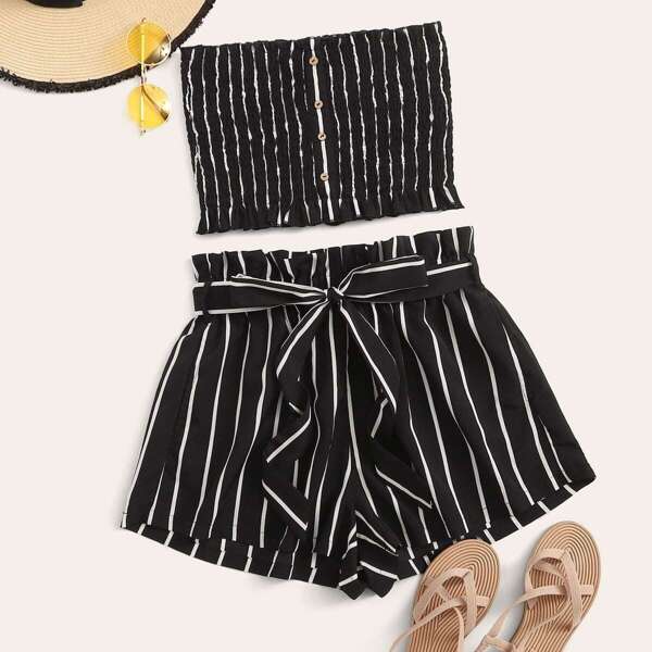 

Buttoned Shirred Striped Bandeau & Paperbag Waist Shorts Set, Black