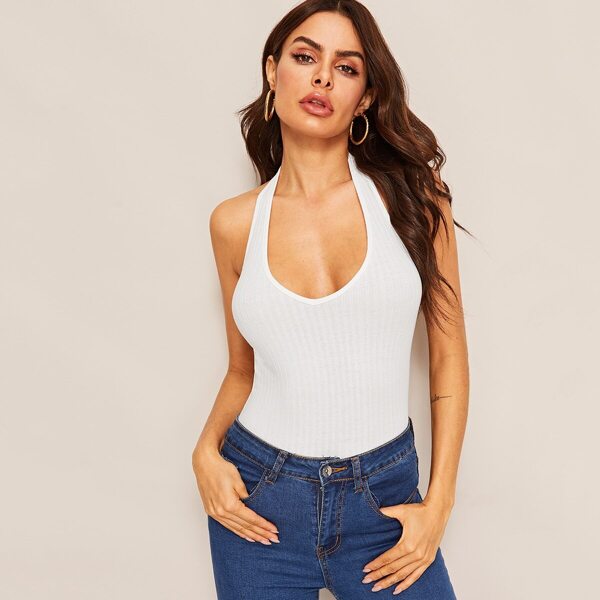 

Plunging Neck Rib-knit Fitted Halter Top, White