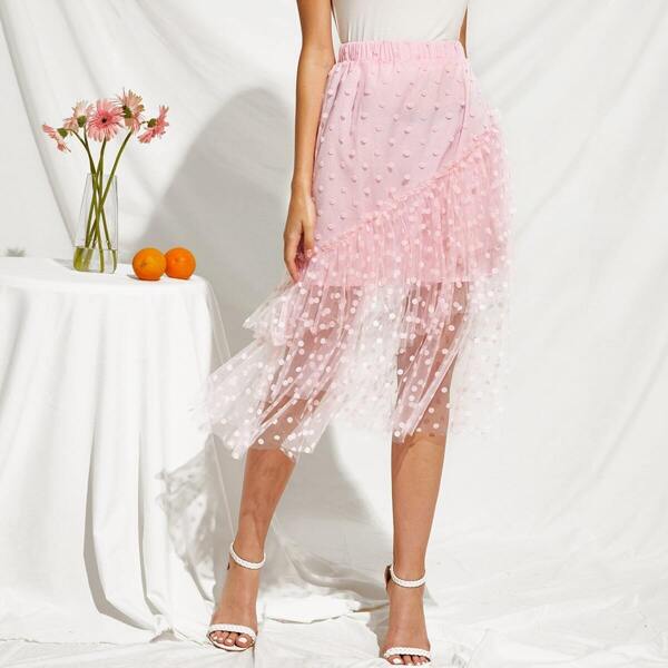 

Ruffle Layered Dot Semi Sheer Mesh Skirt, Pink