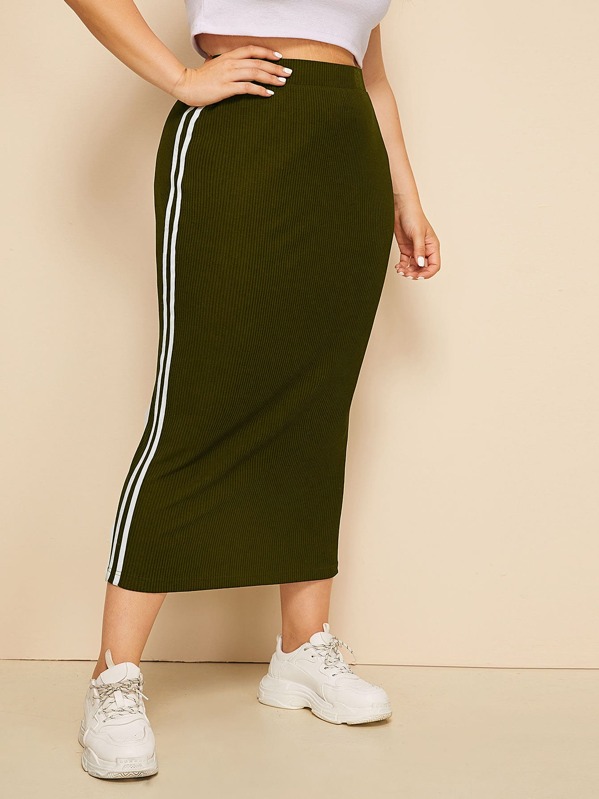 

Plus Striped Tape Side Ribbed Pencil Skirt, Army green, Franziska