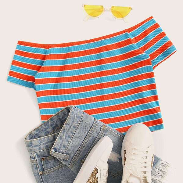 

Rib-knit Striped Crop Bardot Top