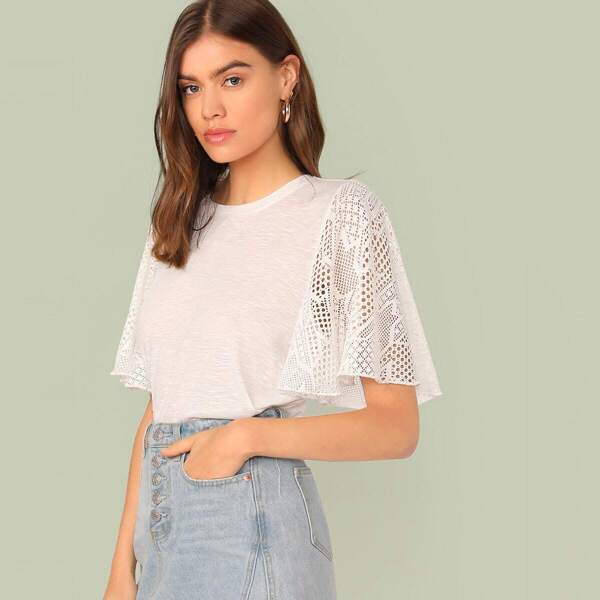 

Crochet Flutter Sleeve Solid Tee