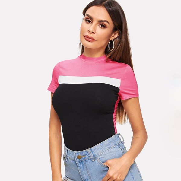 

Mock-neck Colourblock Fitted Tee