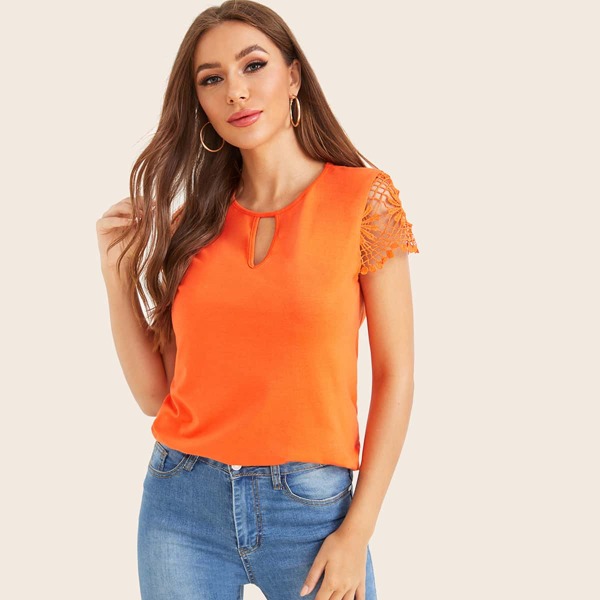 

Neon Orange Guipure Lace Sleeve Peekaboo Top