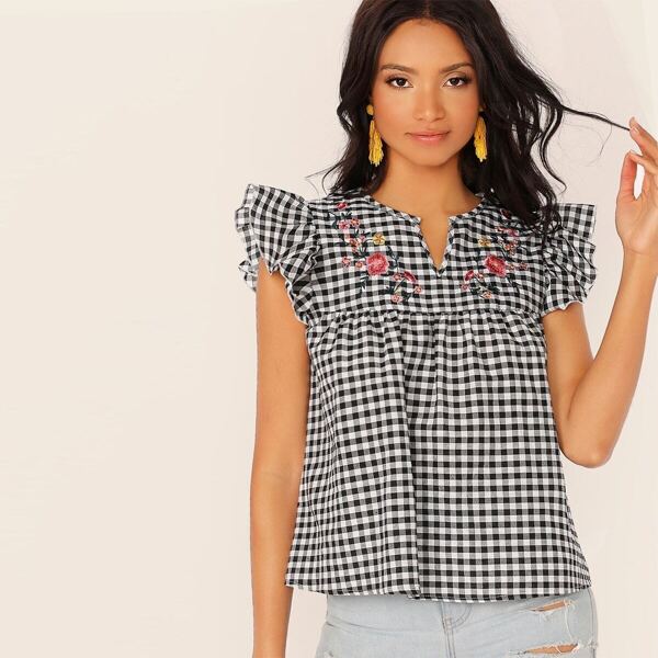 Notch Neck Floral Embroidery Gingham Smock Top, Black and white