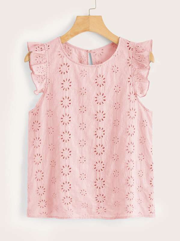 

Ruffle Armhole Keyhole Back Schiffy Top, Pink