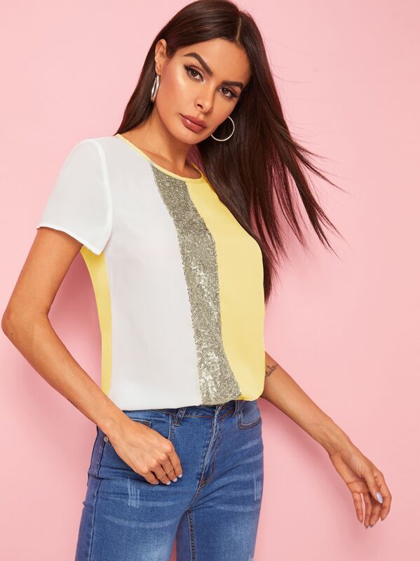 

Keyhole Back Cut-and-Sew Sequin Panel Top, Yellow, Andy