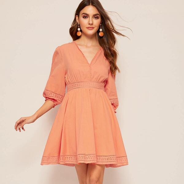 

Embroidered Eyelet Insert Lantern Sleeve Dress, Orange