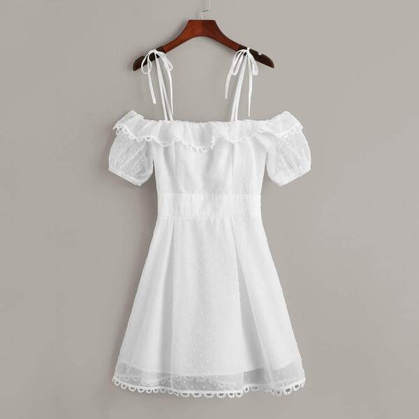 

Flounce Foldover Front Tie Shoulder Swiss Dot Dress, White