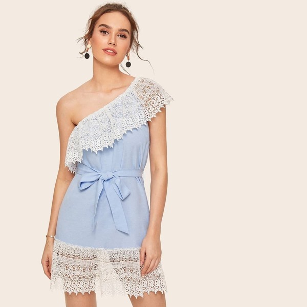 

One Shoulder Guipure Lace Belted Dress, Blue pastel