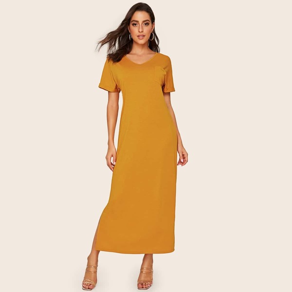 

Pocket Patched Rolled Cuff Split Side Dress