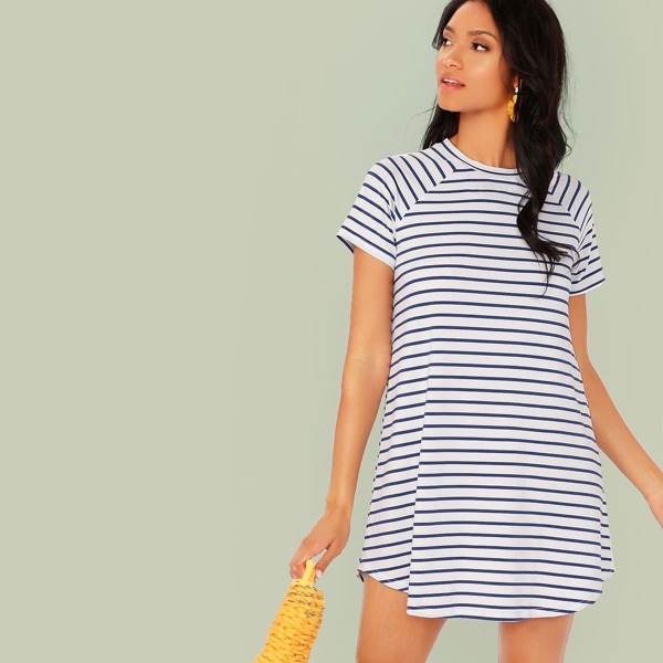 

Curved Hem Raglan Sleeve Striped Dress
