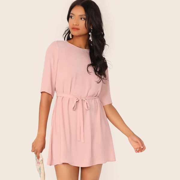 

Keyhole Back Belted Tunic Dress