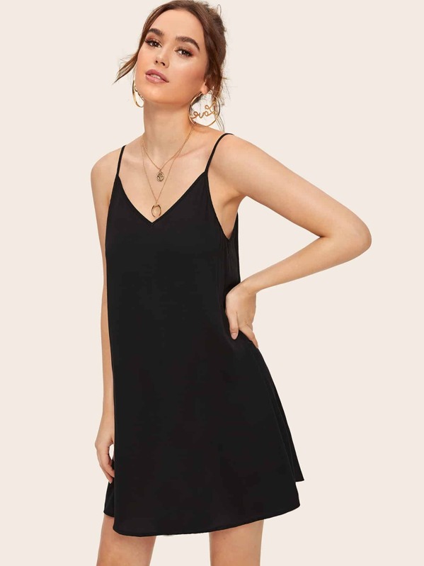 

Solid Strappy Back Cami Dress, Black, Katja