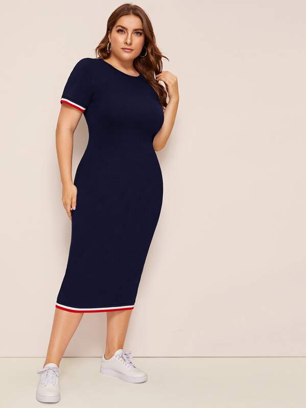 

Plus Contrast Striped Side Pencil Dress, Navy, Franziska