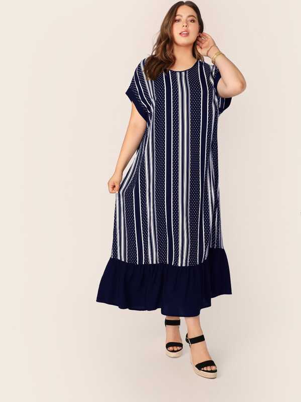 Plus Striped & Dot Print Ruffle Hem Tunic Dress, Navy, Bailey Carr