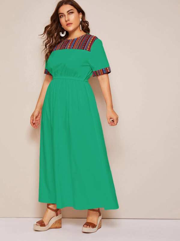 

Plus Cut-and-sew Tribal Print Dress, Green, Franziska