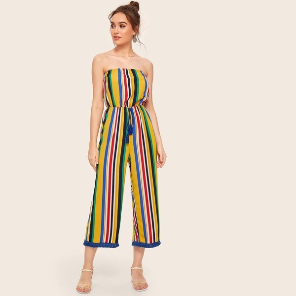 

Drawstring Waist Fringe Hem Striped Tube Jumpsuit
