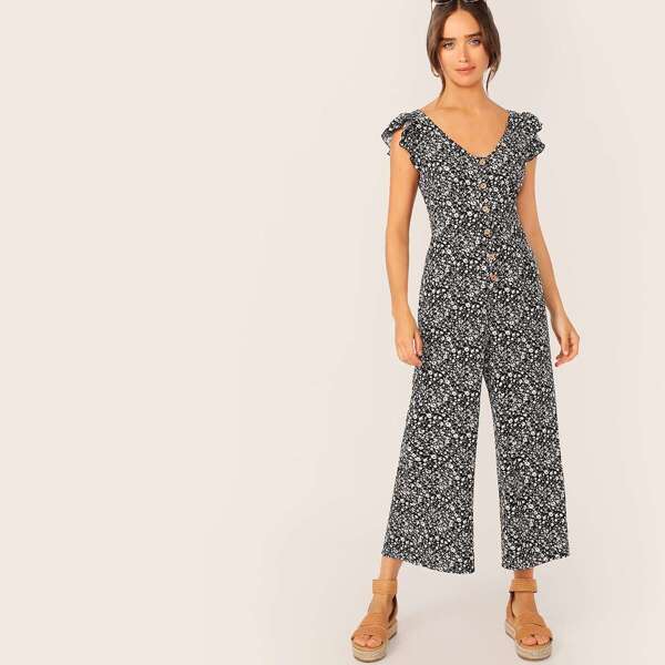 

Button Front Ruffle Armhole Ditsy Floral Palazzo Jumpsuit, Black and white