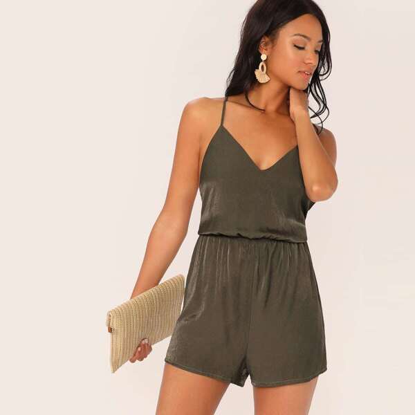 

Crisscross Knot Backless Blouson Slip Romper