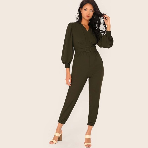 

V-neck Shirred Cuff O-ring Belted Jumpsuit, Army green